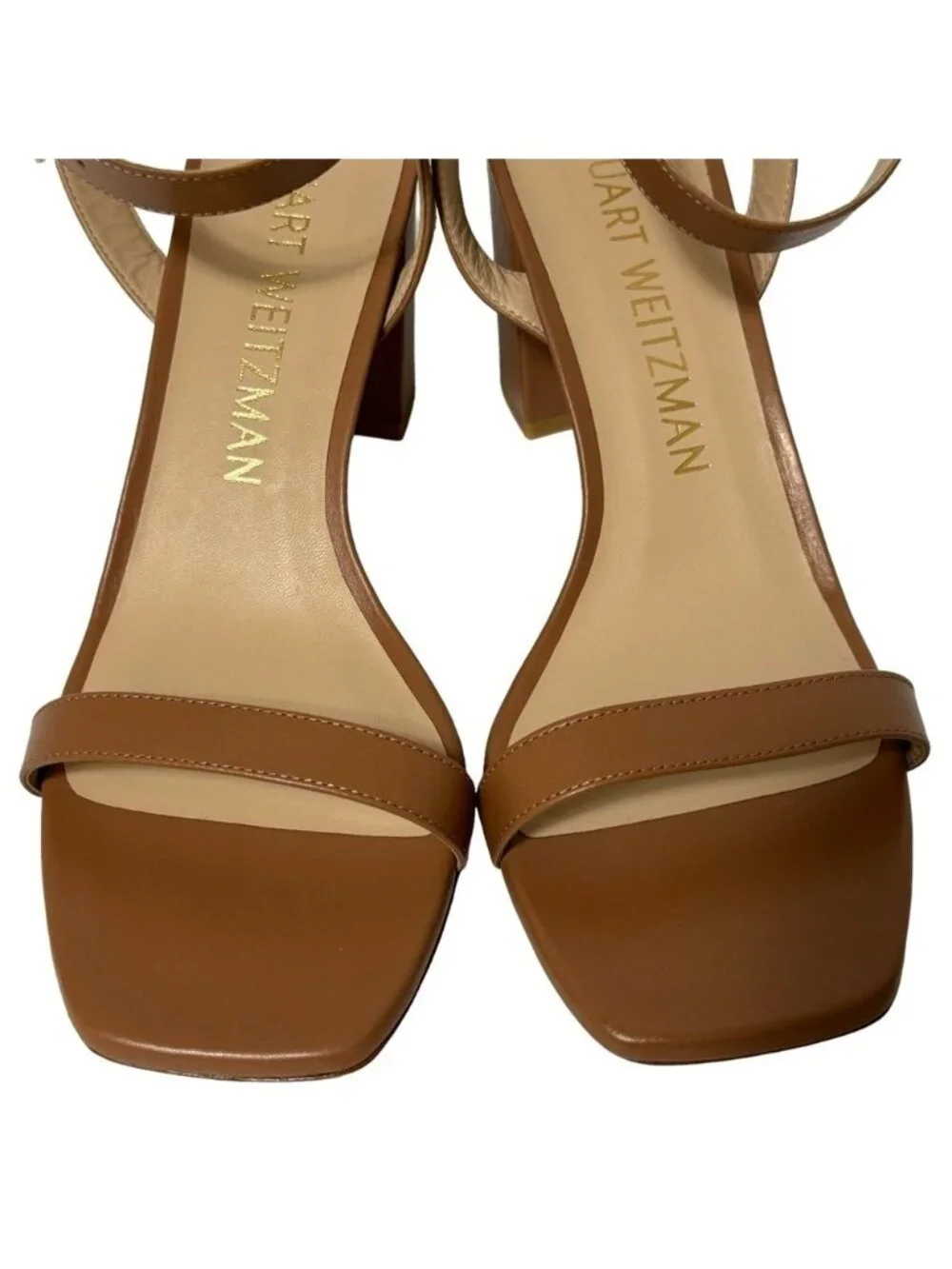 Stuart Weitzman Nearlybare Sandals-Sz 10-Tan Brown Block Heel Leather NEW IN BOX